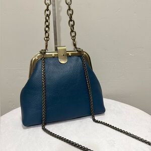 Blue Premium Pebble Leather Handmade Unique Rivet Metal Frame Handbag/Crossbody